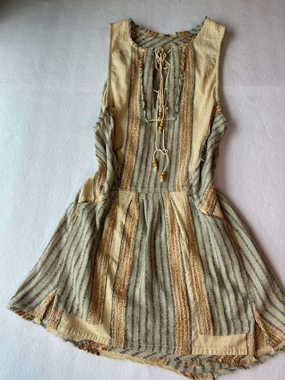 Free People Striped Raw Hem Lace Up Tunic Dress Bead Tie Boho